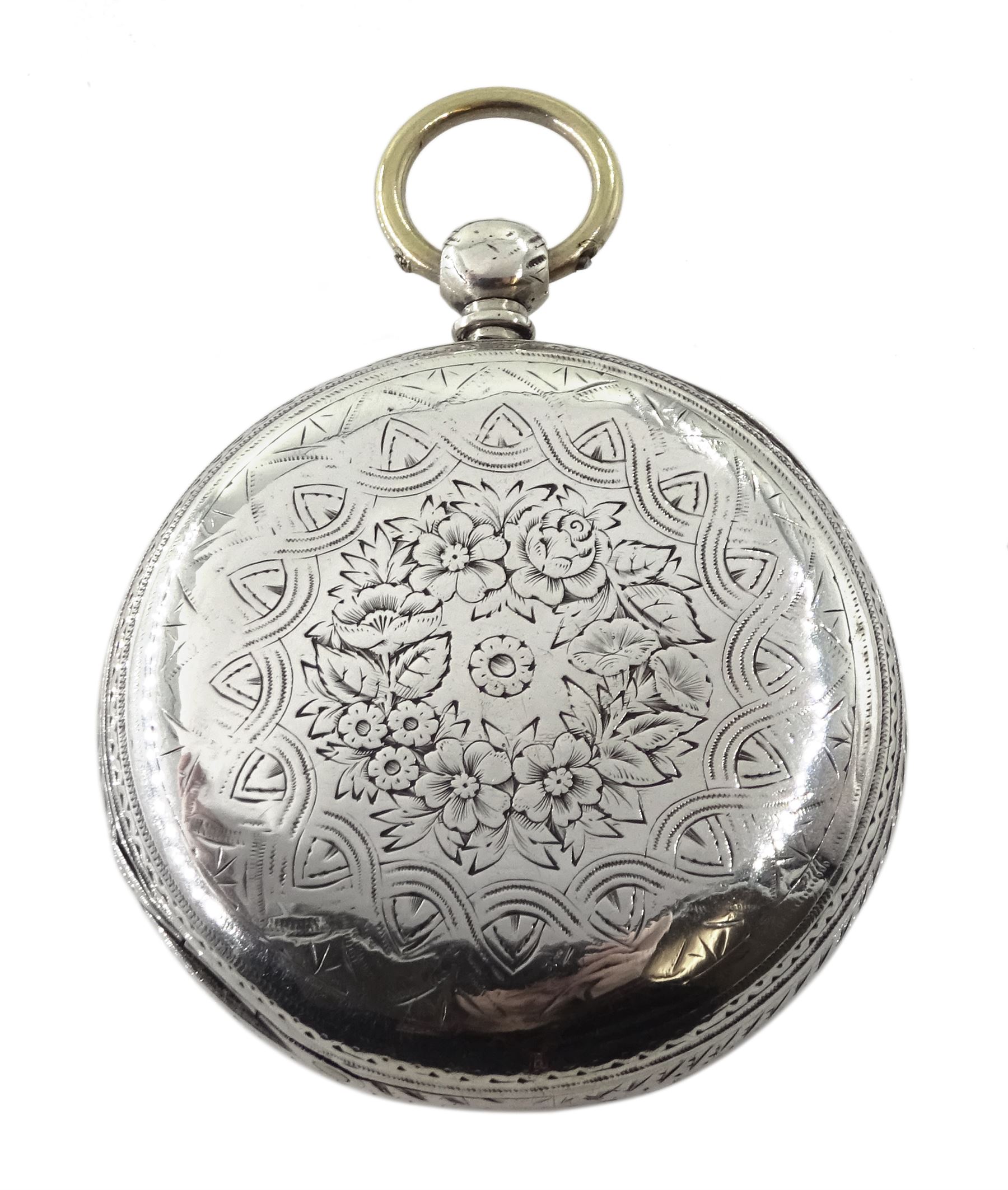 Victorian silver full hunter English lever fusee pocket watch, No. 31818, engraved balance cock with diamond endstone, white enamel dial with Roman numerals and subsidiary seconds dial, Fleur de Lys hands, engraved case by Henry Buckland, London 1868