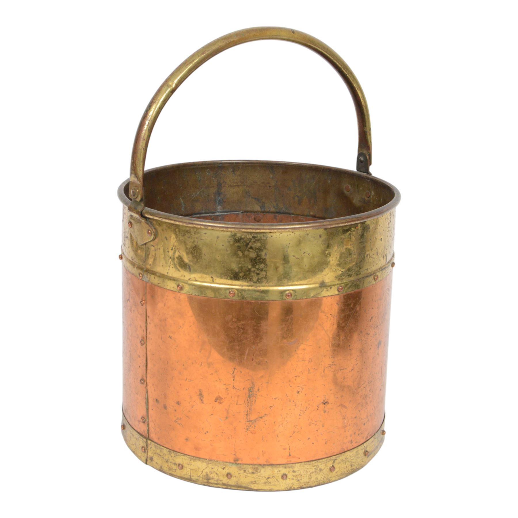 19th century rivetted copper and brass coal bucket  with swing handle, H30cm, D32cm