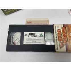 Dino-Riders 1980s by Tyco Action-GT, Stegosaurus with Tark and Vega Heroic Dino-Riders; Triceratops with Hammerhead and Sidewinder Evil Rulon Warriors; and Struthiomimus with Nimbus Heroic Dino-Rider; all boxed; two Action Figures, re-bagged on original card backing; and two VHS video tapes (6)