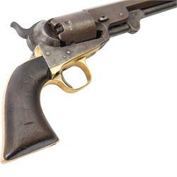 Colt .36 navy percussion revolver, with octagonal 7 1/2in. barrel top flat marked Address Col Samd Colt New York US America, frame stamped `Colts Patent' matching serial numbers, 112625, iron frame marked Colts Patent, brass grip-straps and trigger guard, smooth flared walnut grip, overall L33cm