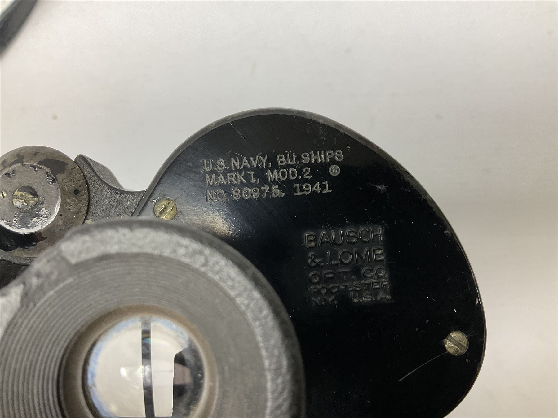 Pair of WW2 Bausch & Lomb U.S. Navy 7 x 50 binoculars, Mk.1 Model 2, impressed BU Ships No.80975 1941, serial no.OY6585, with neck strap