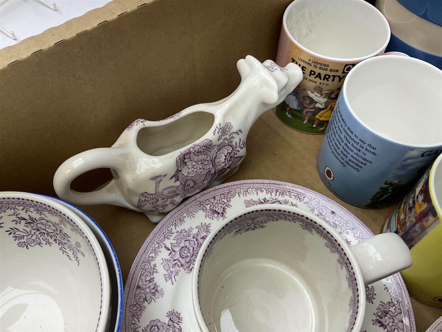 Shelley bowl, TG Green measuring jug, Villeroy & Boch sauce boat and stand, Burleigh Asiatic Pheasants plum cow creamer, cylindrical vase, mugs, bowls, jug etc, Spode 'Full Cry' The Hunt plate, Spode Ladybird mugs, Portmeirion, Meakin, Carlton China, teawares, ceramics etc
