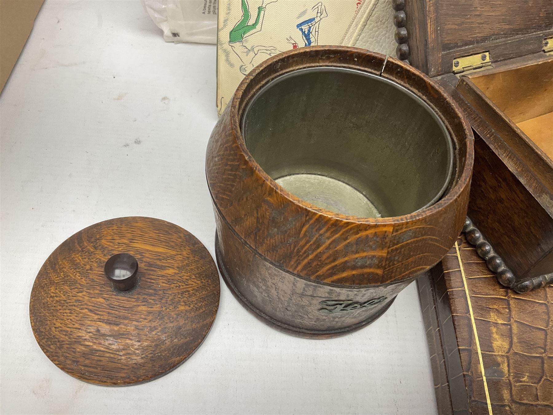 Mid 20th century cigarette box in the form of a gondola, the faux tortoiseshell with mother of pearl inlay (a/f), cased mantel clock with silvered numerical dial, oak lidded tea jar caddy, oak box, silver-plate cutlery, quantity of records, Smith's empire miniature clock, stamps etc