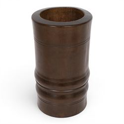 18th century turned fruitwood mortar, of tall proportions and cylindrical form with ring turned and moulded detail, 22.5cm 