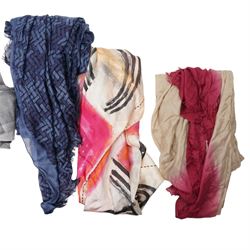 Collection of scarves, including Aspinal signature shield silk scarf in latte with 'Aspinal of London' motif, Niamh Daniels large blue, green and red silk scarf, Jaeger diamond silk scarf 'To commemorate the Queen's Diamond Jubilee 1952-2012', four White Company cotton handkerchiefs, etc (9)