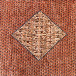 North West Persian Boteh-Mir hand-knotted rug, madder red field decorated with an all-over lattice of small boteh motifs and a central stepped lozenge medallion with repeating stylized boteh and geometric devices, spandrels similarly worked, with multiple narrow borders of floral and geometric bands, in tones of madder red, indigo blue, ivory, and soft green, with cotton fringe ends 