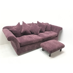 Grande four seat sofa upholstered in purple Harlequin fabric, scrolling arms, shaped back with scatter cushions (W245cm) and matching footstool