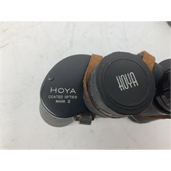 Nine cased pairs of binoculars to include Lieberman & Gortz 12x50, Frank Nipole 8x56, Uniscope, Hoya mark II 8x40, Porst 8x56 etc