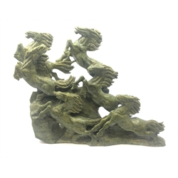  Large soapstone carving of racing horses, H54cm x W70cm approx  