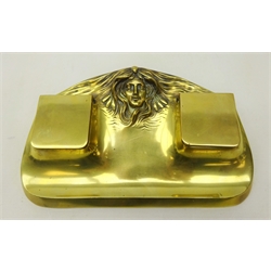  Art Nouveau gilt bronze inkstand with the two inkwells having porcelain liners and decorated with a mythical female mask, the base impressed 'Real bronze Depose' and indistinct number, L26cm   