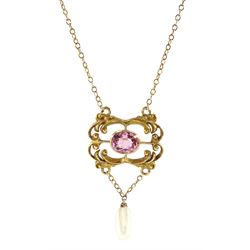 Early 20th century gold oval pink tourmaline and pearl pendant necklace