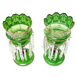 Pair of Victorian green glass mantle vases decorated with flowers in gilt and hung with spear cut lustre drops, H35cm (2)