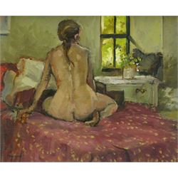 Pat Maclaurin (British 1933-2022): 'On the Bed', oil on board signed 25cm x 30cm
Provenan...