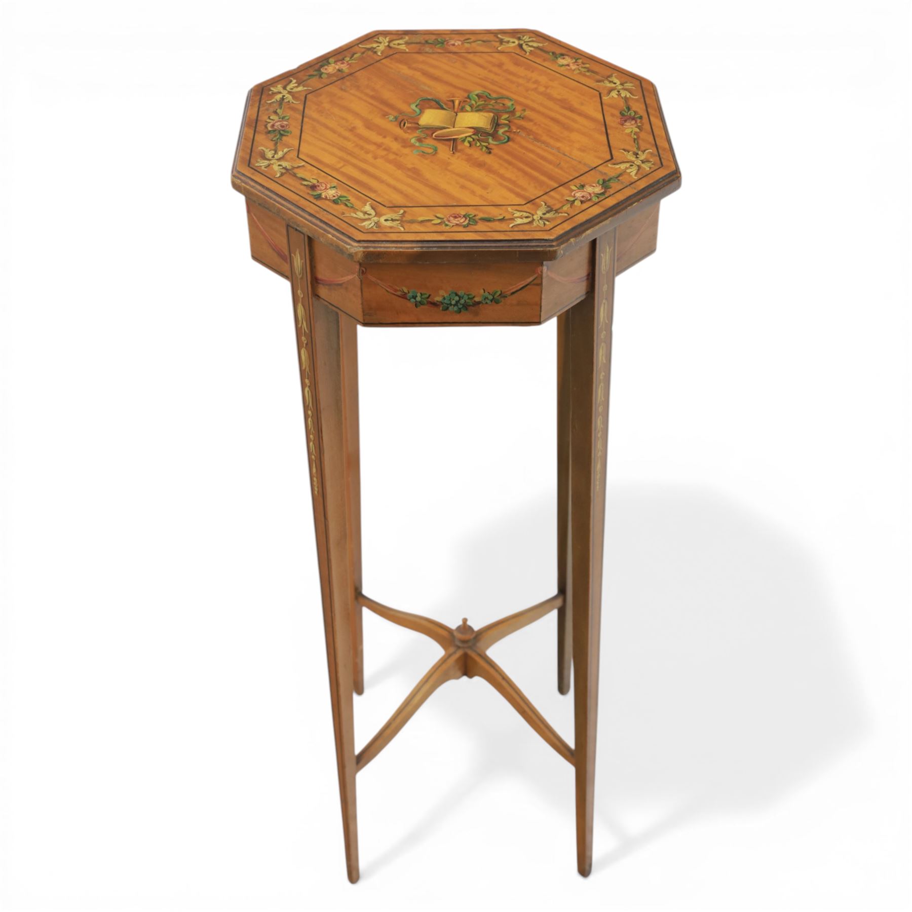 Edwardian inlaid satinwood occasional table, the octagonal top with central painted classical urn within floral garland border, shaped frieze with further painted swags, raised on square tapering legs united by an undertier stretcher