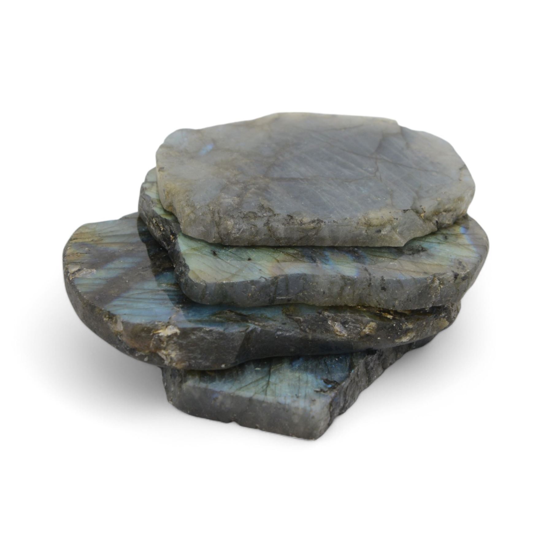Four polished labradorite coasters with raw edges, approximate D8cm