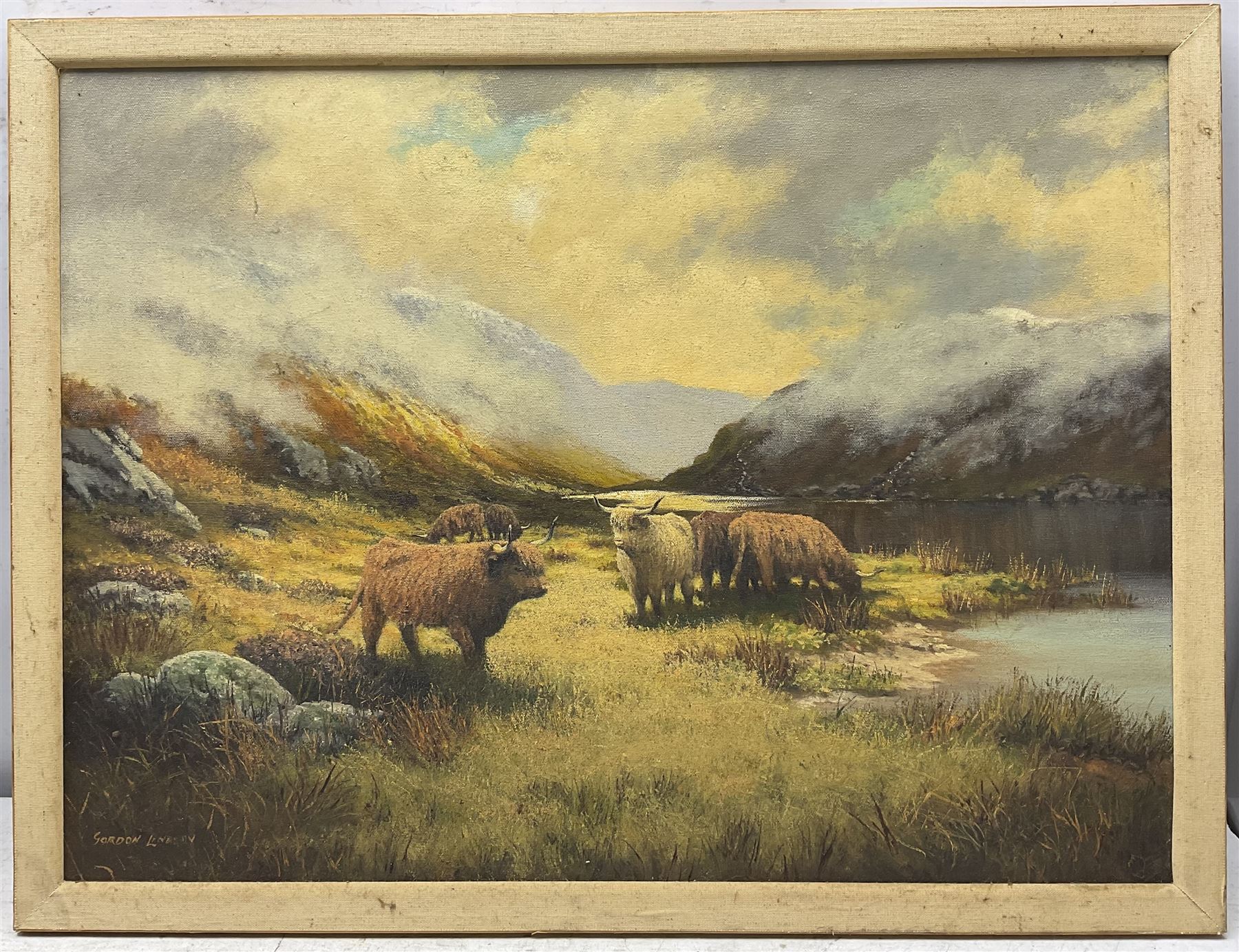 E Adams (British 19th/20th century): Plymouth Boats, watercolour signed 18cm x 27cm; Gordon Lindsay (British 1936-2005): Highland Cattle, oil on canvas signed 45cm x 60cm (2)