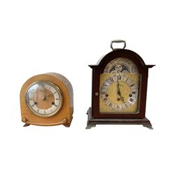 20th century- Hermle 8-day moon phase three train bracket clock, with a brass dial and subsidiary moon dial, floating balance escapement chiming the quarters on 5 gong rods. With an English oak cased Smiths Enfield 8-day striking mantle clock c1950. With pendulum and key.  