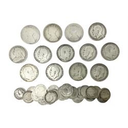 Approximately 220 grams of Great British pre 1920 silver coins, including Queen Victoria Gothic florins, King Edward VII standing Britannia florins, Queen Victoria and other sixpences etc