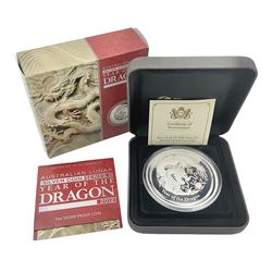Queen Elizabeth II Australia 2012 'Australian Lunar Silver Coin Series II Year of the Dragon' silver proof five ounce coin, cased with certificate