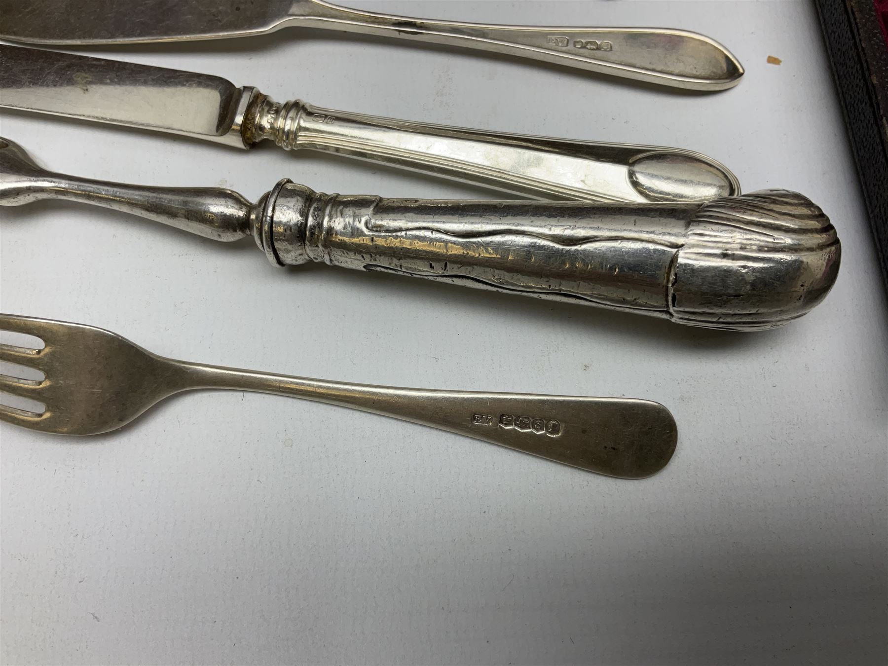 Walker & Hall silver-plate part canteen of cutlery, together with hallmarked silver cutlery comprising pair of Robert Pringle & Sons teaspoons, fork and butter knife, and silver handled knife and fork, cased set of Walker & Hall fish servers with simulated bone handles, and quantity of silver-plate and other cutlery