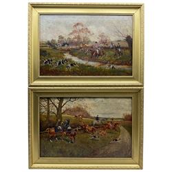English School (19th/20th century): The Hunt Crossing a Road and a Stream, pair oils on canvas one indistinctly signed 40cm x 60cm (2) 