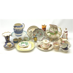 A collection of various ceramics, to include a Copeland Spode Italian jug, a 19th century Sunderland lustre jug detailed with hounds, Continental figure, probably Samson Paris, modelled as a flower seller, Minton tea cup and saucer with blue mark beneath, Creamware, plus examples by Newhall, Royal Worcester, etc. (Some items a/f). 