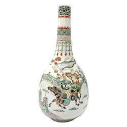 19th century Chinese famille verte bottle vase, enamelled with warrior on horseback and other figures, beneath a neck detailed with tassel, key fret and diaper bands, with blue underglaze double concentric circles beneath, H25cm