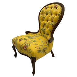 Victorian style beech framed nursing chair, upholstered in French embroidered pale gold fabric  