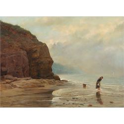 Arthur Hill (British 1841-1908): 'The Bathing Rock - Whitby', oil on canvas signed and dated 1877, original title label verso 44.5cm x 60cm 