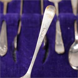 Set of  of six silver coffee spoons and tongs with bright cut decoration Sheffield 1908 Maker Cooper Bros. and another set of six coffee spoons with decorative terminals