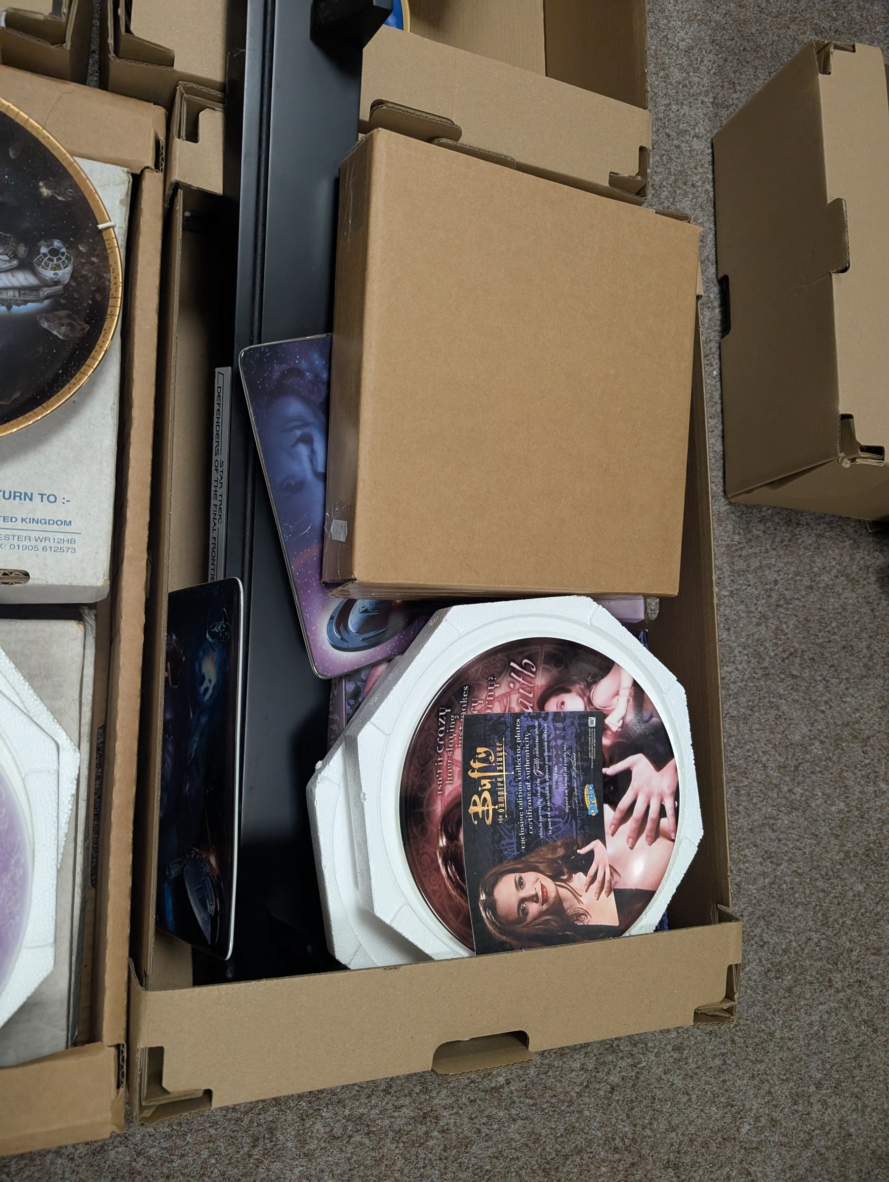 Large collection of Sci-Fi collectors plates, including Doctor Who, Star Trek and Buffy examples, together with Disney MGM trophy, diecast trains and other collectables, in six boxes