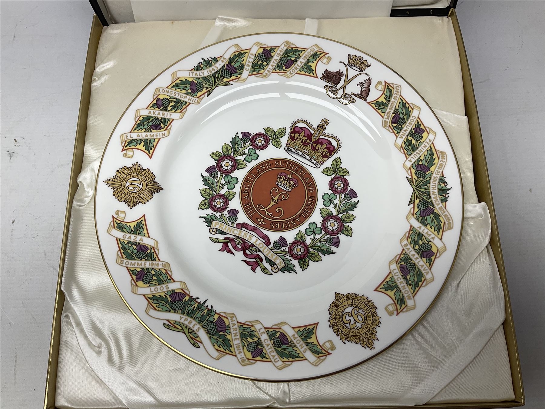 Five Spode Mulberry Hall limited edition Regimental commemorative plates - Argyll & Sutherland Highlanders No.9/500; Cheshire Regiment No.352/500; Kings Own Scottish Borderers No.113/500; Black Watch Royal Highland Regiment No.331/500; and Royal Welch Fusiliers No.309/500; all boxed with certificates (5)
