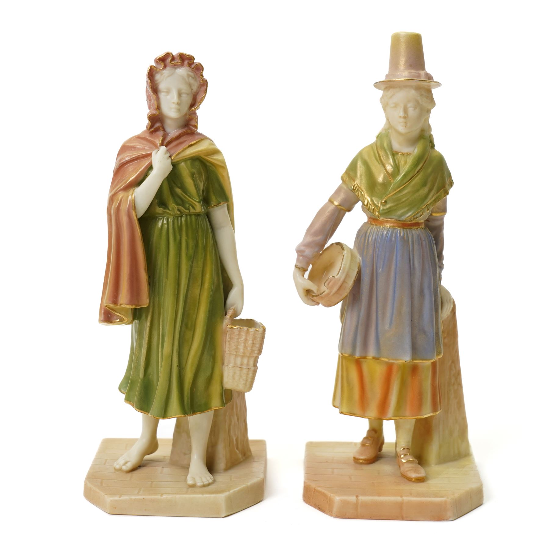 Pair of Royal Worcester blush ivory figures from the Countries of the World series 'Irish Girl' 1874 and 'Welsh Girl' 1875, pair of Royal Worcester blush ivory shallow shell dishes painted with flowers D12cm and a small Hadley's Worcester cauldron shape vase (5) 