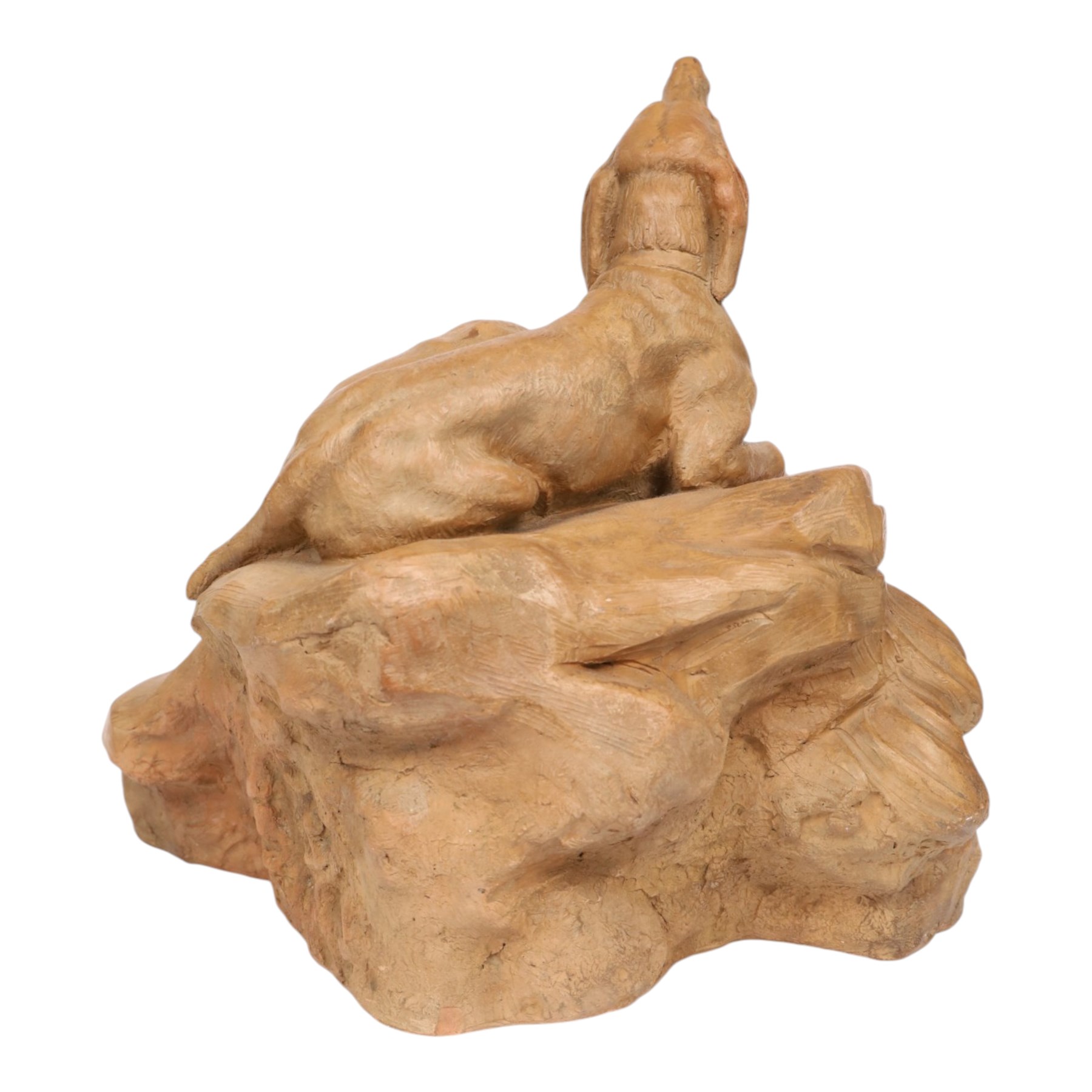 Thomas Cartier (1879-1943); terracotta sculpture of a boy sleep watched over by two dogs, signed to base, H40cm