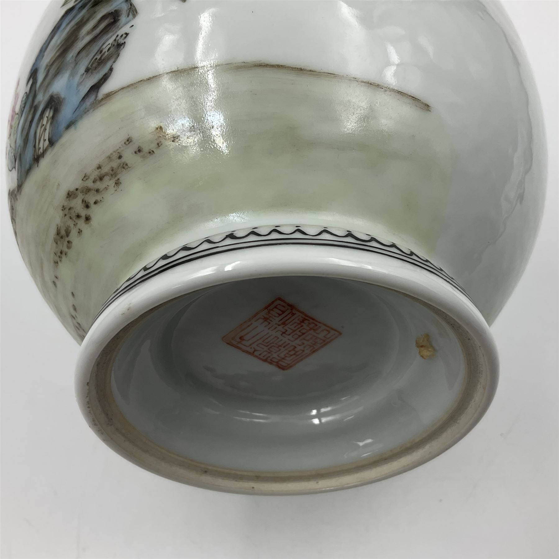 Pair of Chinese Republic porcelain vases, each painted in Famille Rose enamels with pairs of pigeons amidst peony, rock, flowering plants and leafy branches, possibly Qianlong seal beneath, H22cm 