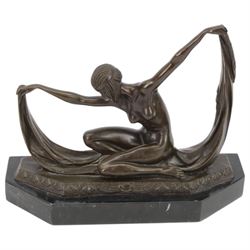 Art Deco style bronze figure of an Egyptian female after Claude Mirval, with signature to base, upon a black marble plinth, H23cm
