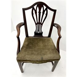 19th century mahogany carver, shaped cresting rail, pierced splat, upholstered seat, square reeded tapering supports (W61cm) two other chairs and a stool