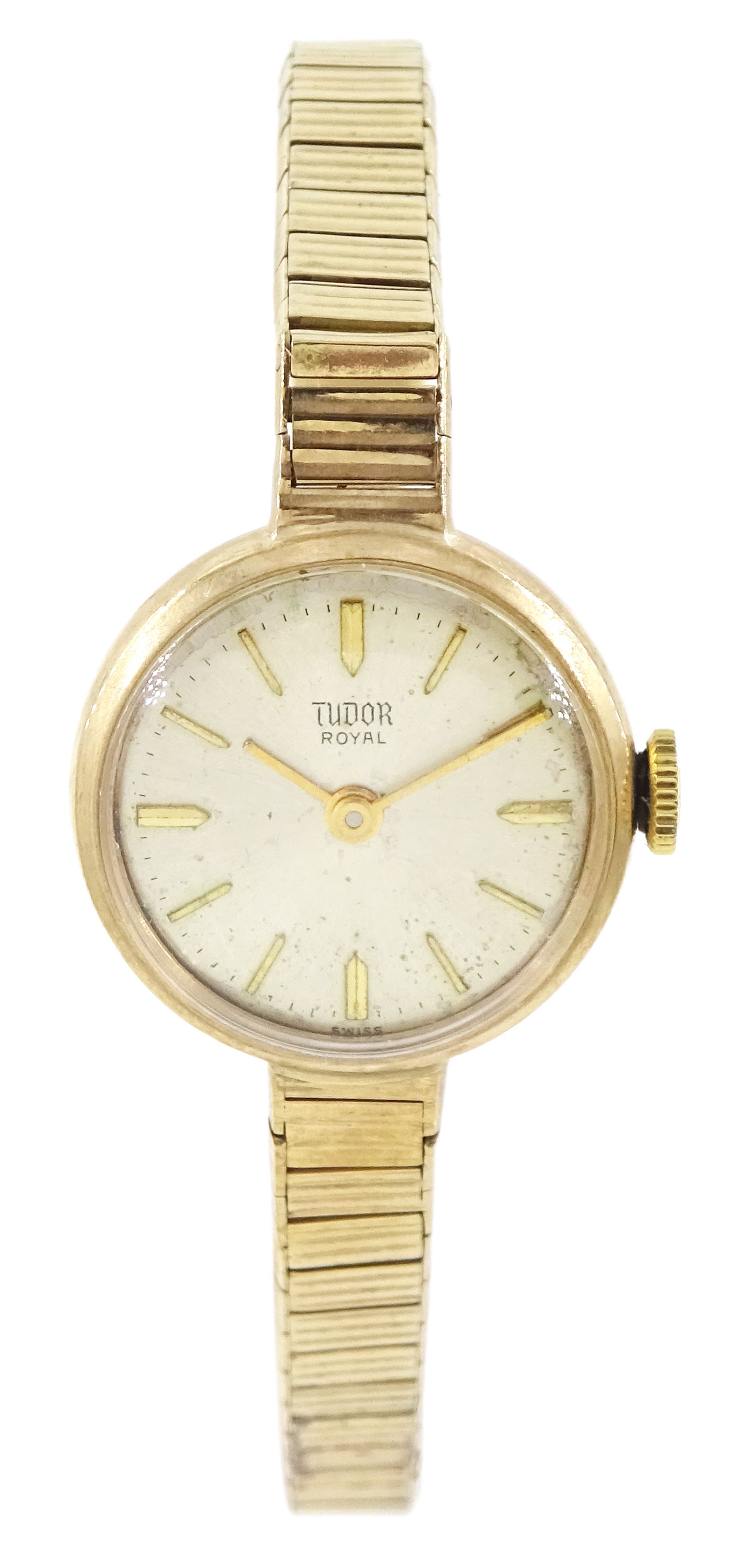 Tudor ladies 9ct gold manual wind wristwatch, silvered dial with baton hour markers, on integral 9ct gold bracelet, Birmingham 1964, boxed