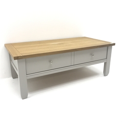 Grey and oak finish coffee table, two drawers, shaped stile supports, W111cm, H41cm, D56cm