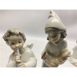 Four Lladro figures, comprising Dove no 1015, Girl with Rooster no 4677, Angel with Flute no 4540 and Angel Praying no 4538, all with original boxes, largest example H20cm