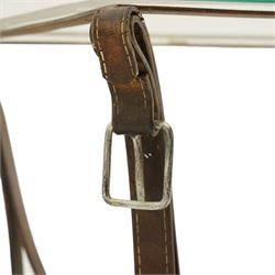 And So To Bed - 'Handel' side table with horse-tack style simulated leather wrought metal supports, rectangular glass top raised on shaped bridle-style supports united by shaped metal stretcher