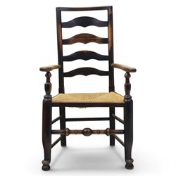 Set of seven (6+1) Georgian design country elm Lancashire dining chairs, ladder backs with rush seats, turned front leg stretcher on pad feet, height of seat 44cm, complete with fitted tie on cushions