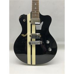 Italia Maranello Speedster electric guitar in black and white, serial no.013972; L99cm; in Italia soft carrying case; together with a boxed TGI 3491 guitar stand