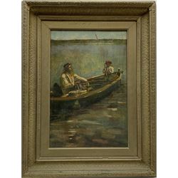 French School (19th/20th century): Man and Boy Fishing, oil on canvas laid on board indistinctly initialled 44cm x 29cm