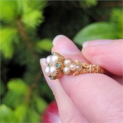 19th / early 20th century 18ct gold emerald and pearl flower head cluster ring, with pearl set shoulders and engraved foliate shank