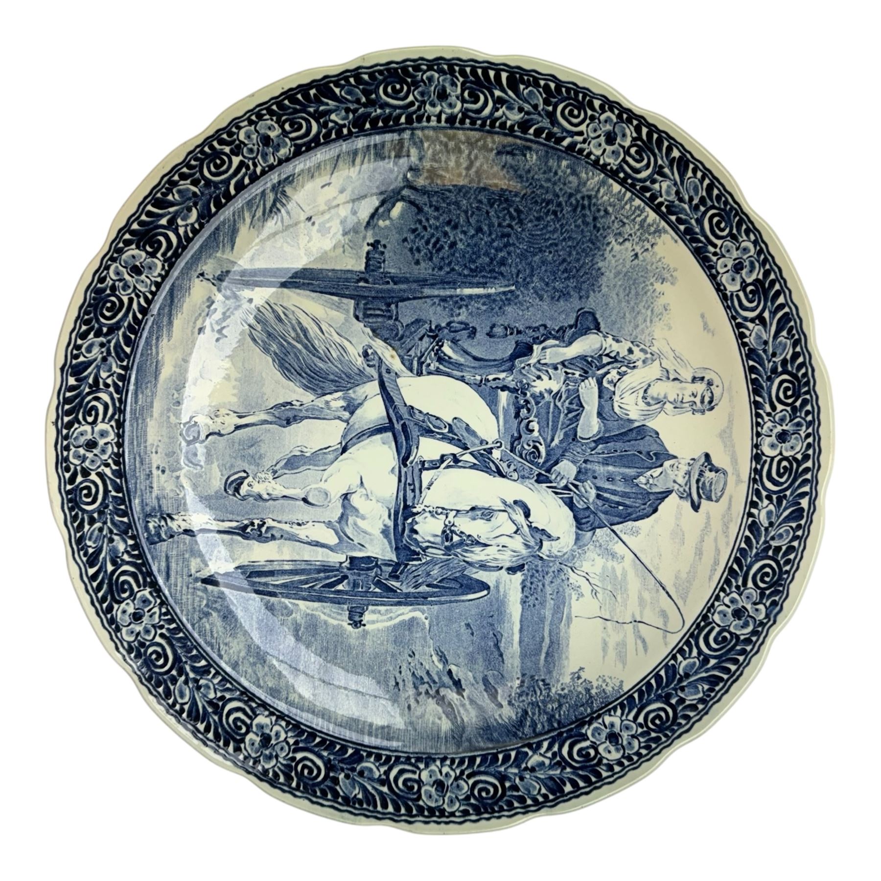 Ten Delft and similar chargers, including Delfts Blauw and Boch examples, largest D40cm