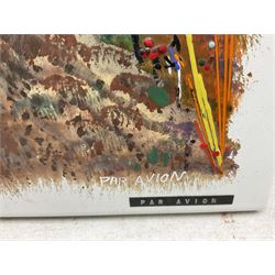 Bernard Hesling (Australian 1905-1987): 'Par Avion', vitreous enamel on metal signed titled and dated '71, 38cm x 54cm