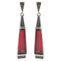 Pair of silver red paste and marcasite pendant earrings, stamped 925 