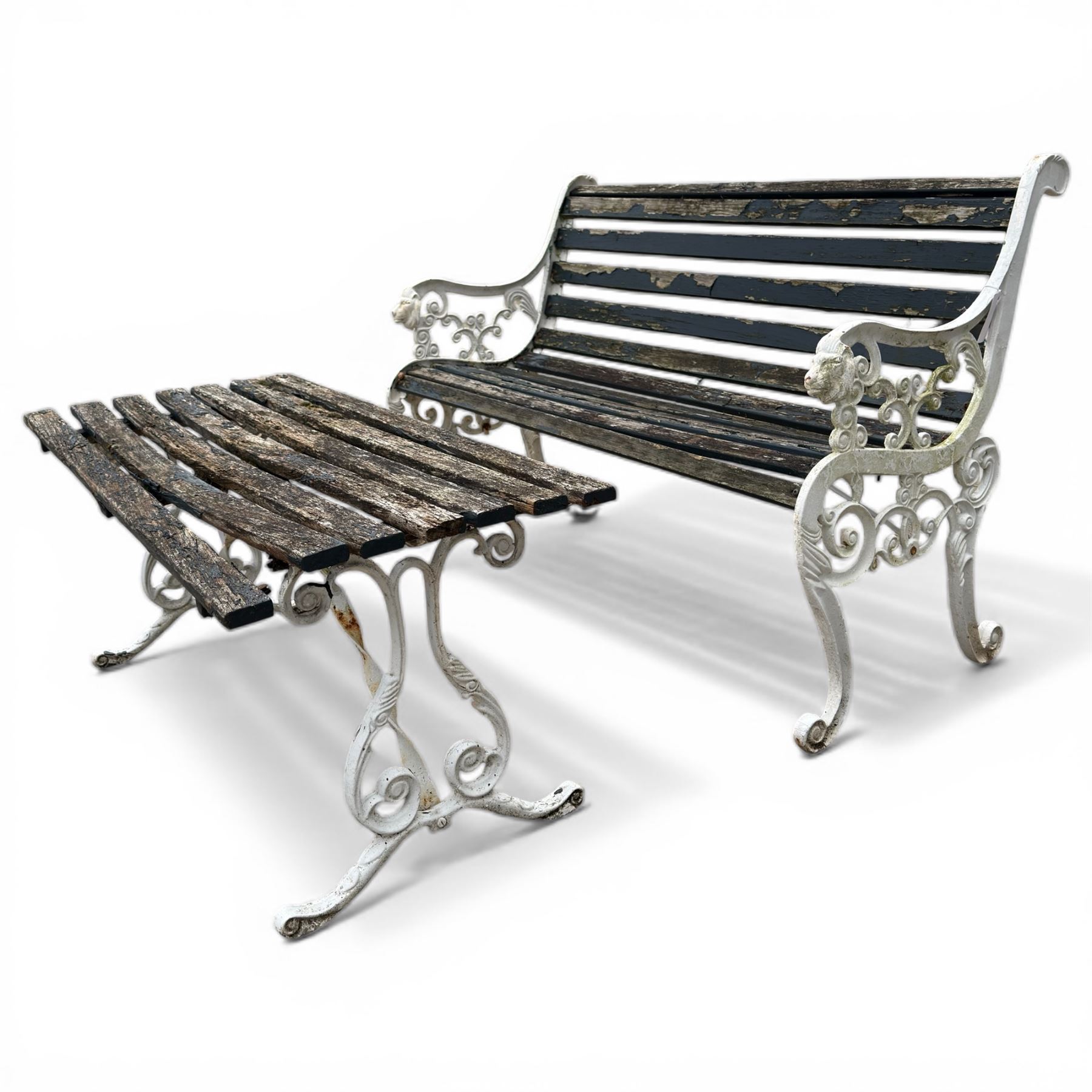 White painted cast iron slatted garden bench with 110cm wide rectangular coffee table