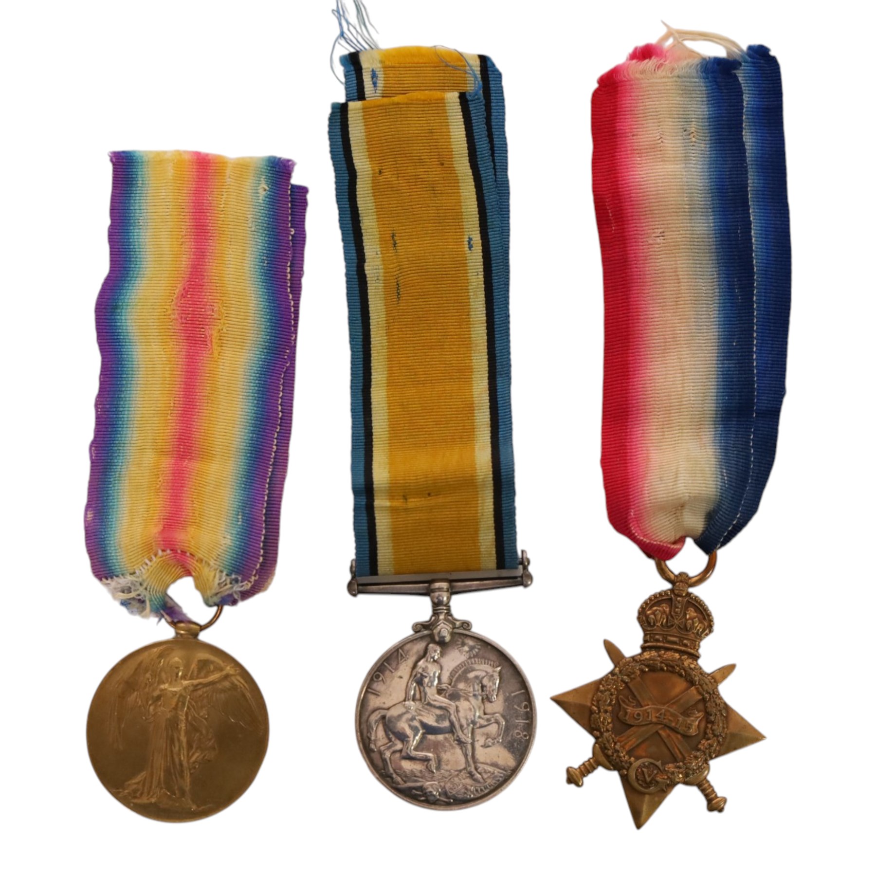 WWI British medal trio, comprising 1914-15 Star, War medal and Victory medal, awarded to 12-13598 Cpl Hulme A.S.C